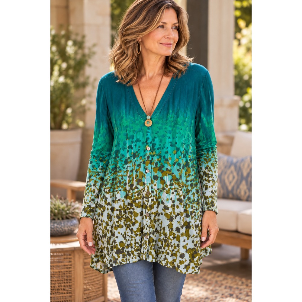 LOGO Lori Goldstein Teal Green Ombre Splatter Print Button Front Tunic Cardi XL